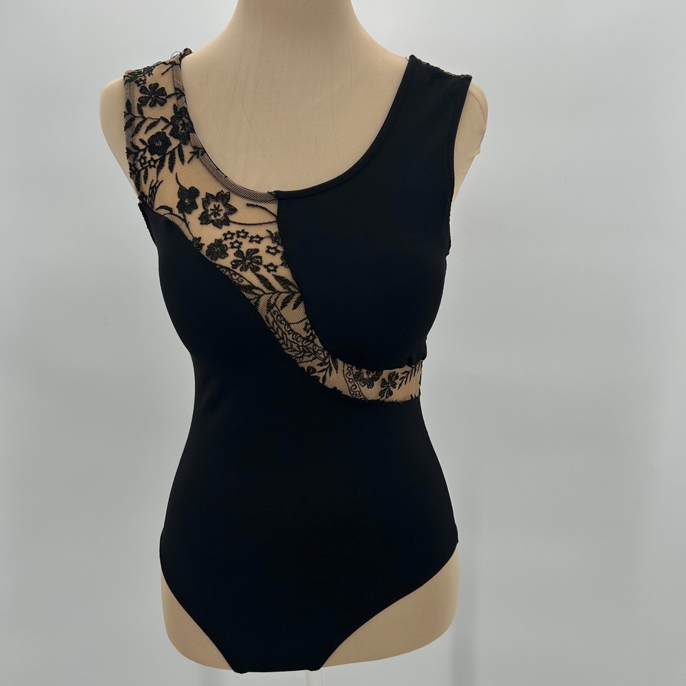 Sara & Mari Black Bodysuit Flora Embroidered Mesh Asymmetrical Sleeveless Size M